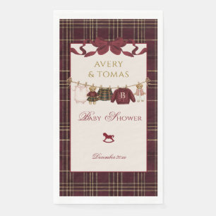 Teddy Bear Baby Shower Girl Plaid Burgundy Bow  Napkin
