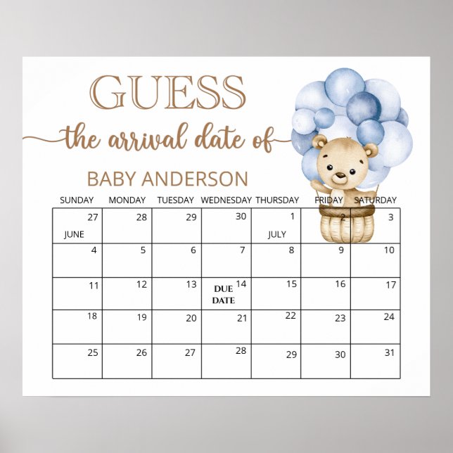 Teddy Bear Baby Shower Guess Due Date Calendar Pos Poster (Front)
