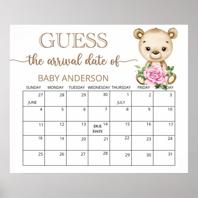 Teddy Bear Baby Shower Guess Due Date Calendar Poster (Front)