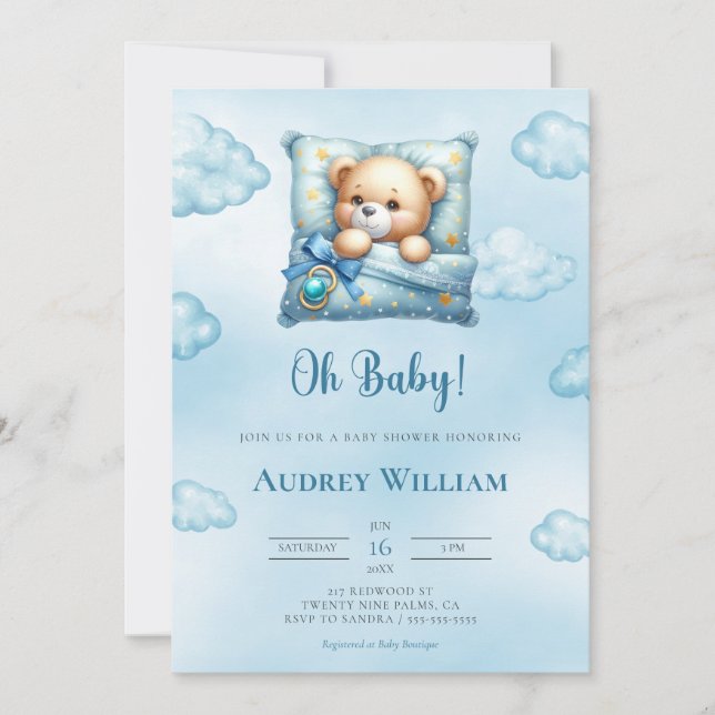 Teddy Bear Baby shower Invitation Oh Baby Coussin (Devant)