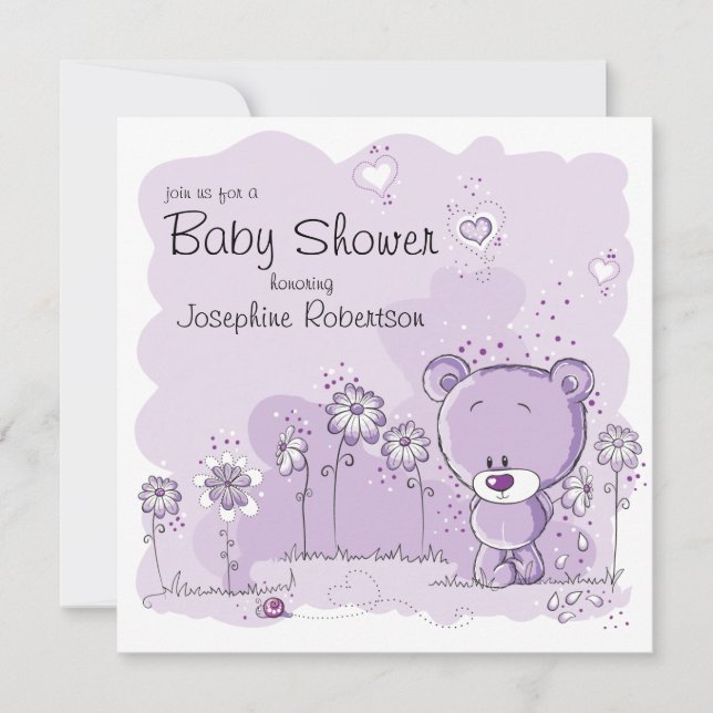 Teddy Bear Baby Shower Invitation - Purple (Front)