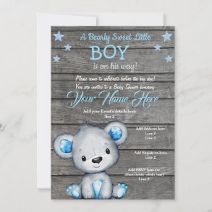 Teddy Bear Baby Shower Invitation, rustic blue boy Invitation