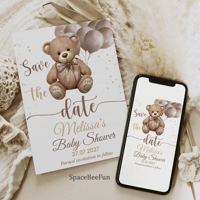 Teddy Bear Baby Shower Invite save the date (Teddy Bear,Baby Shower,Invitation,We Can Bearly Wait,Boy invites,hot air balloon,save she date,Bear )