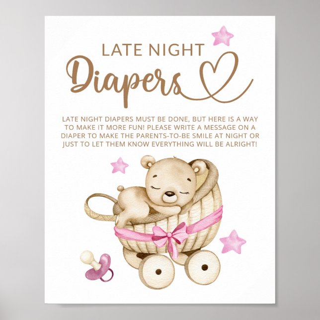 Teddy Bear Baby Shower Late Night Diapers Poster (Front)