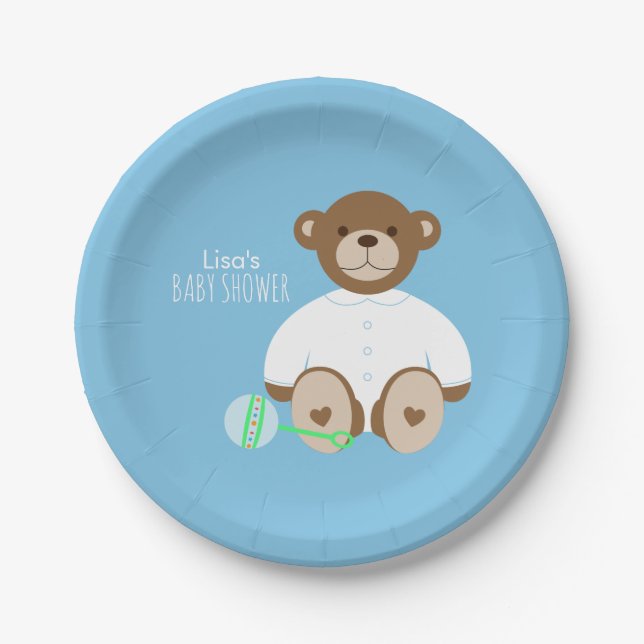 Teddy Bear Baby Shower Paper Plate - on blue (Front)