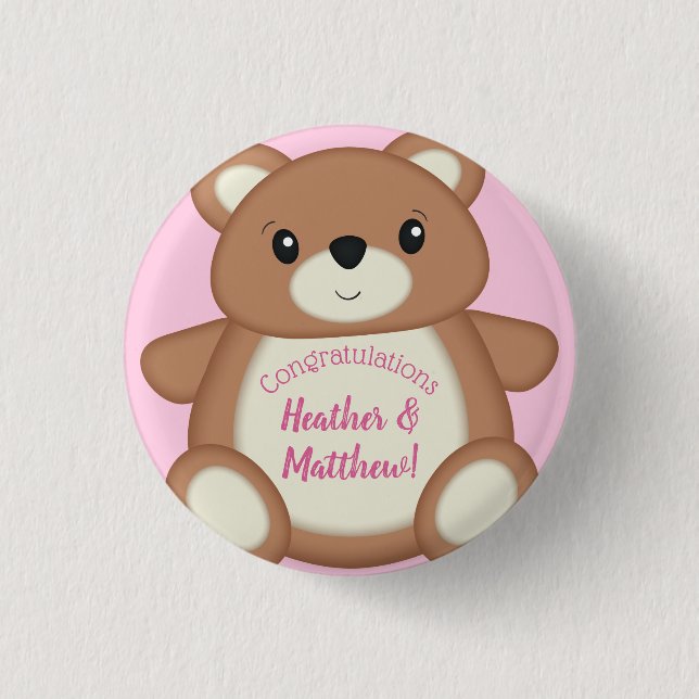 Teddy Bear Baby Shower Pink Girl 1 Inch Round Button (Front)