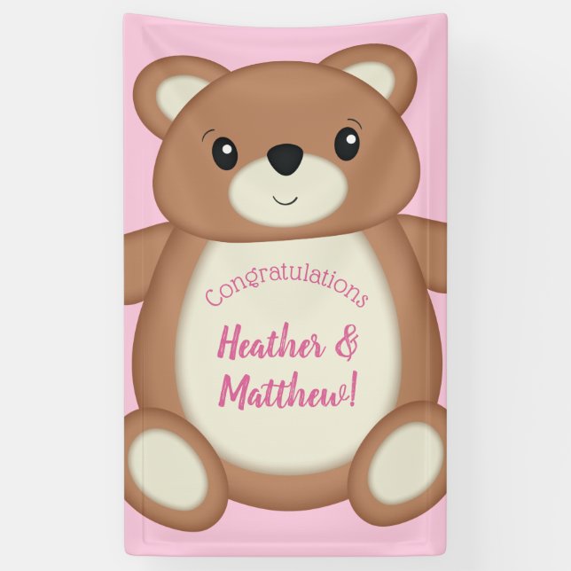 Teddy Bear Baby Shower Pink Girl Banner (Vertical)
