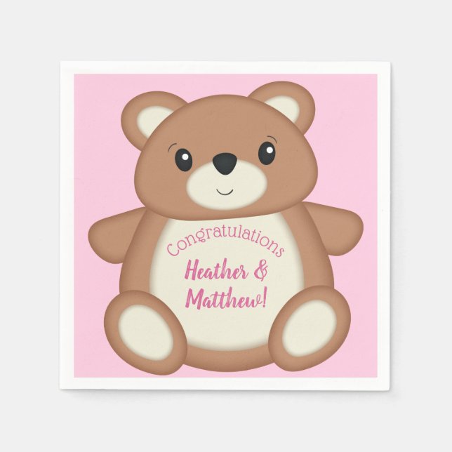 Teddy Bear Baby Shower Pink Girl Napkin (Front)