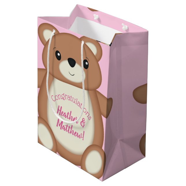 Teddy Bear Baby Shower Pink Medium Gift Bag (Back Angled)