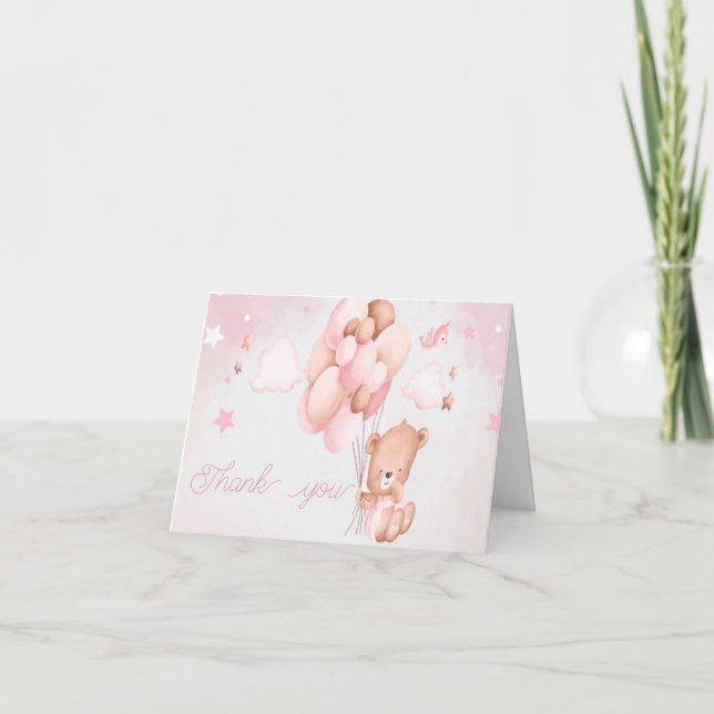 Teddy Bear Baby Shower Pink Thank You Card (Front)