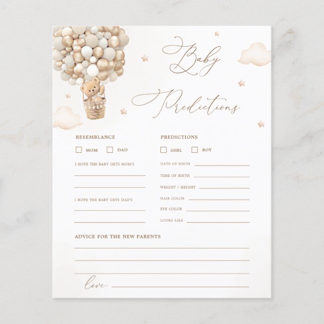 Teddy Bear Baby Shower Predictions and Advice Game (Front)