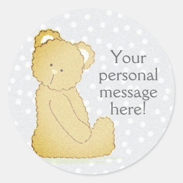 Teddy Bear Baby Shower Round Sticker grey & brown (Front)