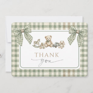 Teddy Bear Baby Shower Sage Green Gingham Bow Thank You Card