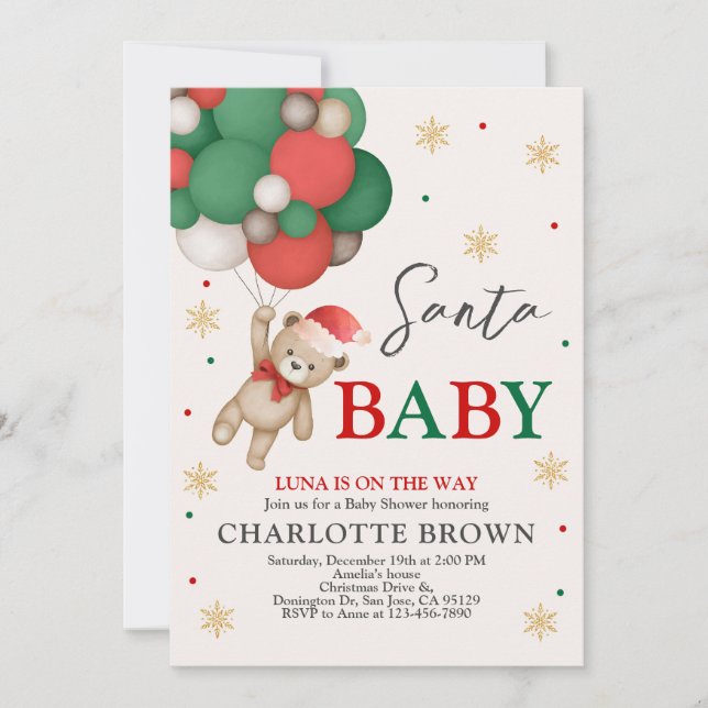 Teddy Bear Baby Shower, Santa Baby Shower Invitation (Front)