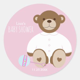 Teddy Bear Baby Shower Sticker, pink background Classic Round Sticker