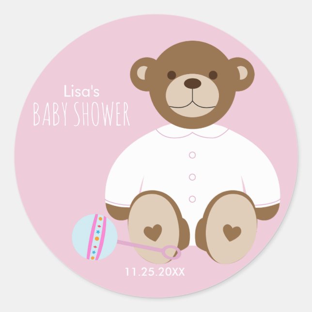 Teddy Bear Baby Shower Sticker, pink background Classic Round Sticker (Front)