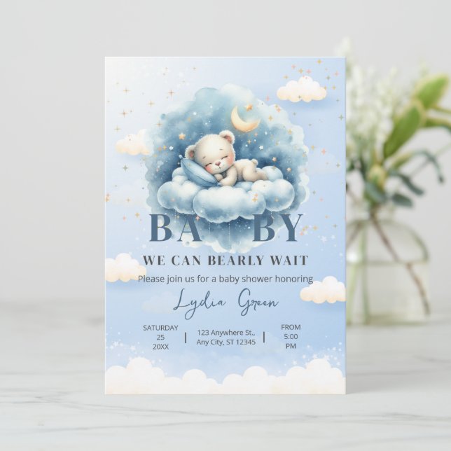 Teddy Bear Baby Shower We Can Bearly Wait Baby Boy Invitation (Standing Front)