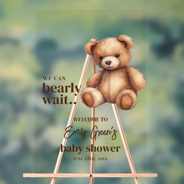 Teddy Bear Baby Shower We Can Bearly Wait minimal Acrylic Sign (Neutral)