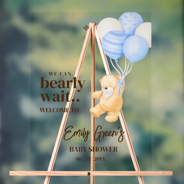 Teddy Bear Baby Shower We Can Bearly Wait minimal Acrylic Sign (Neutral)
