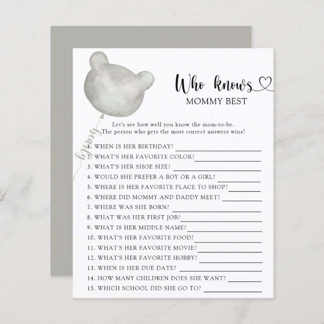 Teddy Bear baby shower, Who knows mommy best (Front/Back)