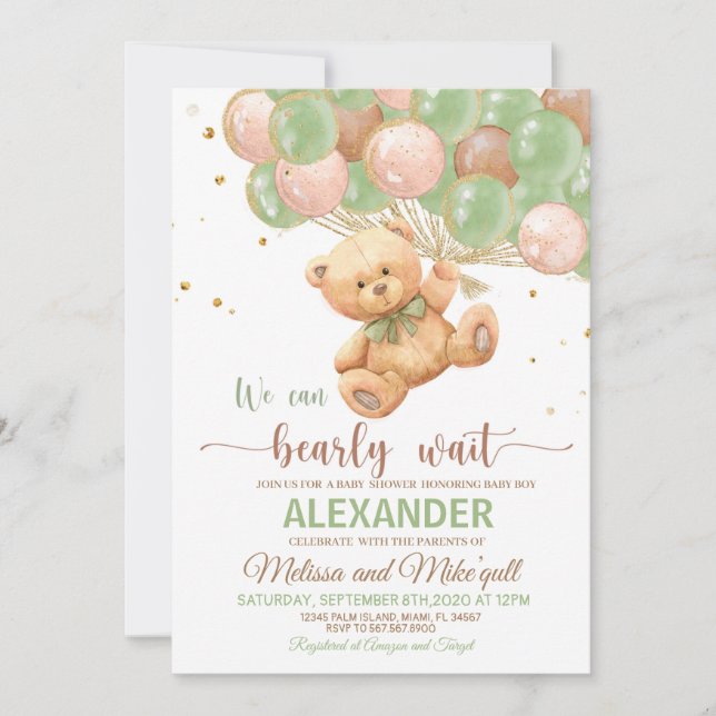 Teddy Bear Baby shower with Balloons Teddy Bear  Invitation (Front)