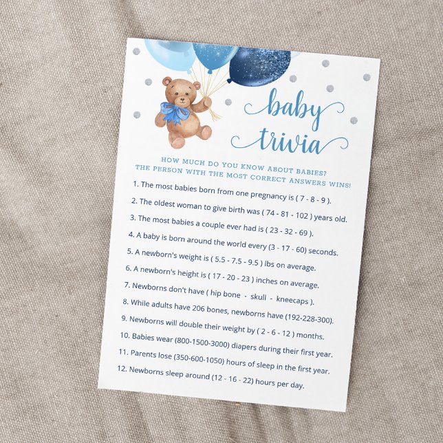 Teddy Bear Baby Trivia Baby Shower Game Card (Creator Uploaded)