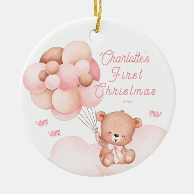 Teddy Bear Baby's First Christmas Photo Ceramic Ornament (Front)