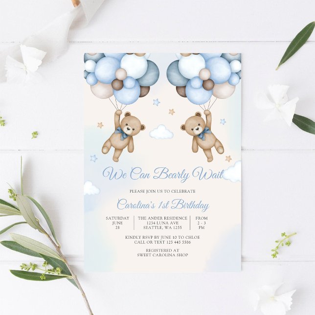 Teddy Bear Balloon 1st Birthday Invitation (Creator Uploaded)