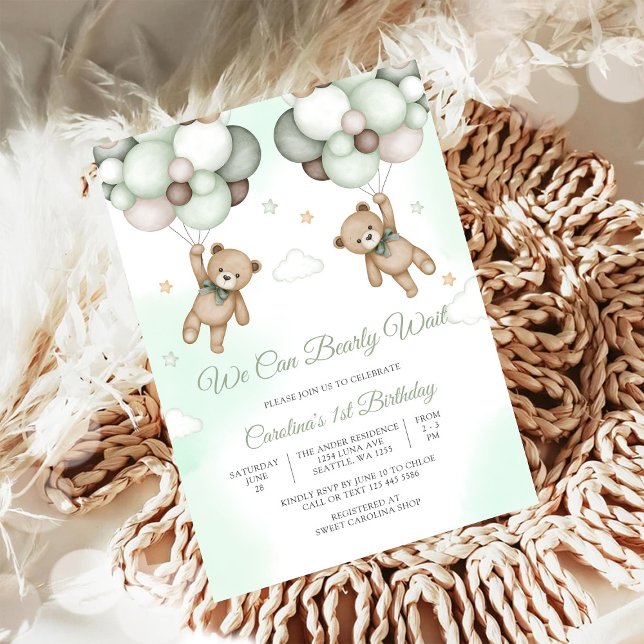 Teddy Bear Balloon 1st Birthday Invitation (Creator Uploaded)