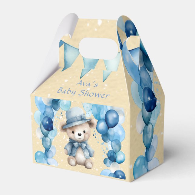 Teddy Bear Balloon Arch Boy Baby Shower Favor Box (Front Side)