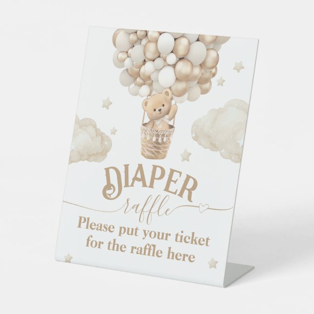 Teddy Bear Balloon Baby Shower diaper raffle Pedestal Sign (Front)