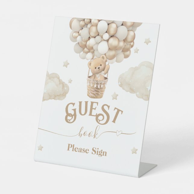 Teddy Bear Balloon Baby Shower guest book Pedestal Sign (Front)
