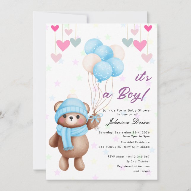 teddy bear balloon baby shower invitation (Front)