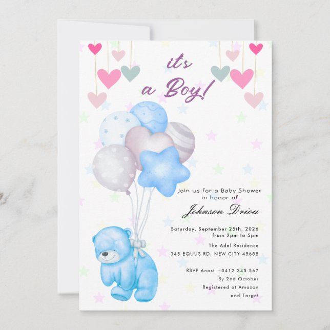 teddy bear balloon baby shower invitation (Front)