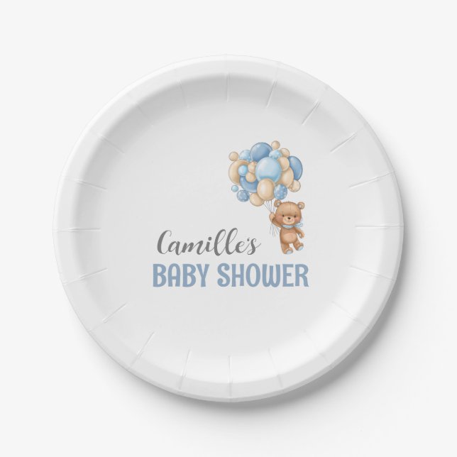 Teddy Bear Balloon Baby Shower Paper Plate (Front)