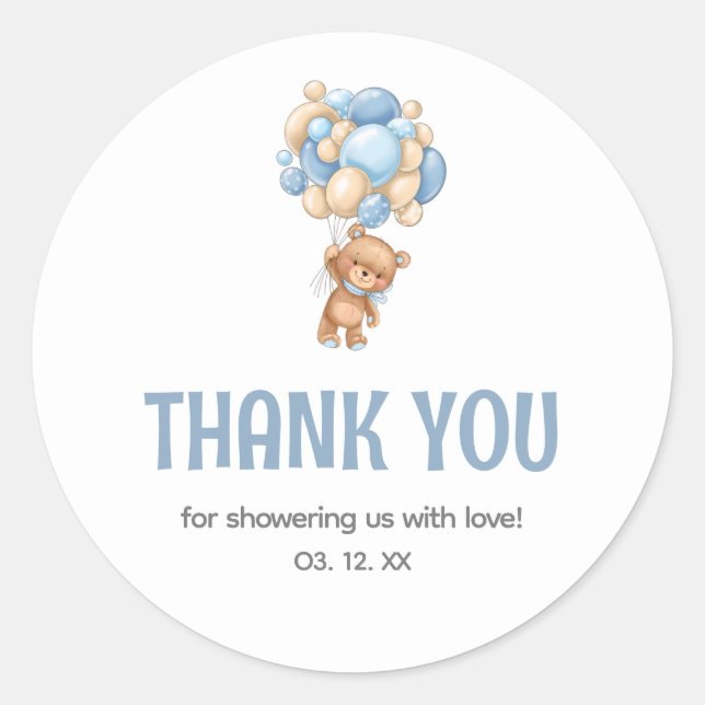 Teddy Bear Balloon Baby Shower Thank You Classic Round Sticker (Front)