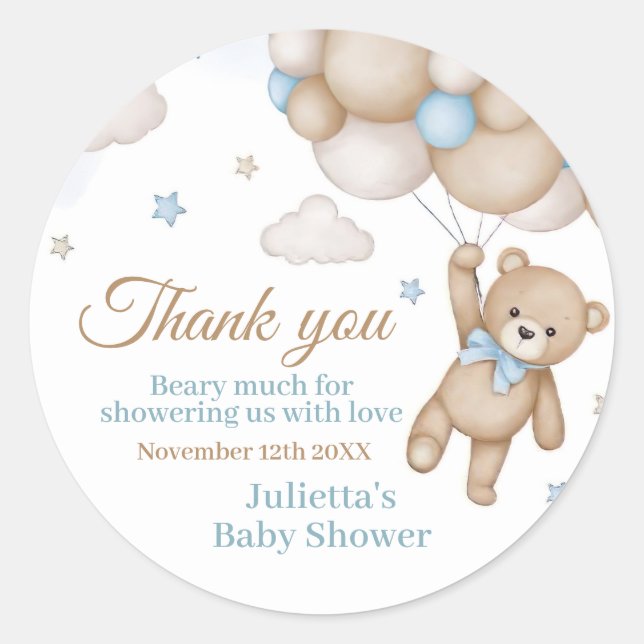 Teddy Bear Balloon Bearly Wait Baby Shower Favour Classic Round Sticker (Front)