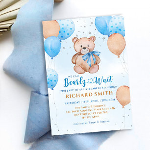 Teddy Bear Balloon Bearly Wait Baby Shower Invitation