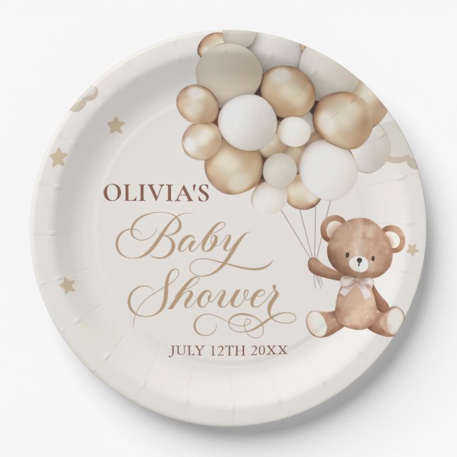 Teddy Bear Balloon Bearly Wait Baby Shower Paper Plate (Front)