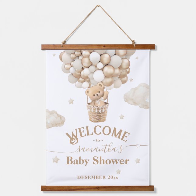 Teddy Bear Balloon Bearly Wait Baby Shower welcome Hanging Tapestry (Front)