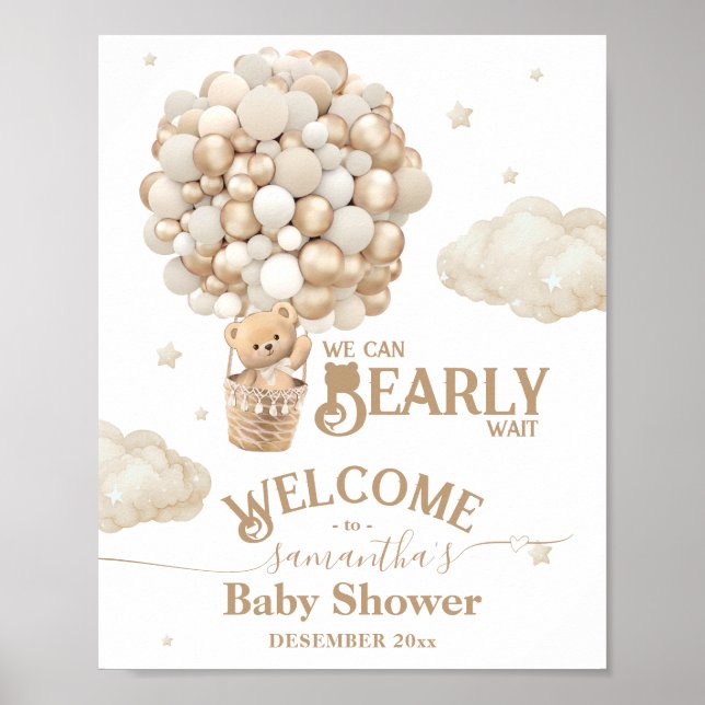 Teddy Bear Balloon Bearly Wait Baby Shower welcome Poster (Front)