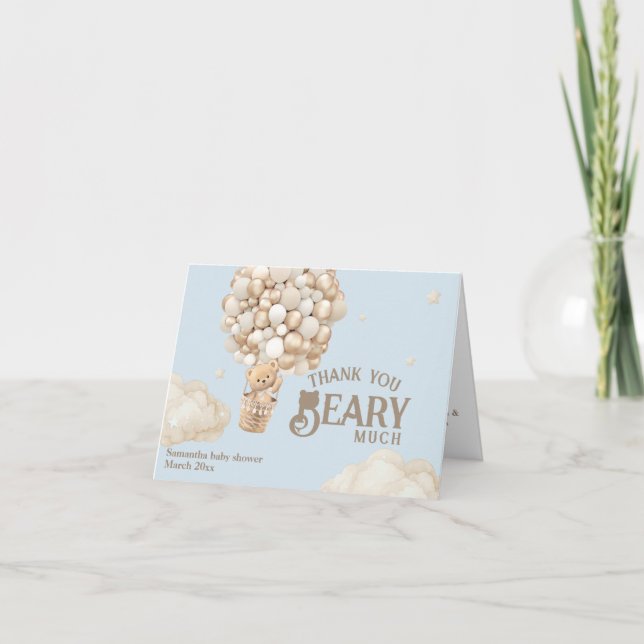 Teddy Bear Balloon Bearly Wait Boy Baby Shower Thank You Card (Front)
