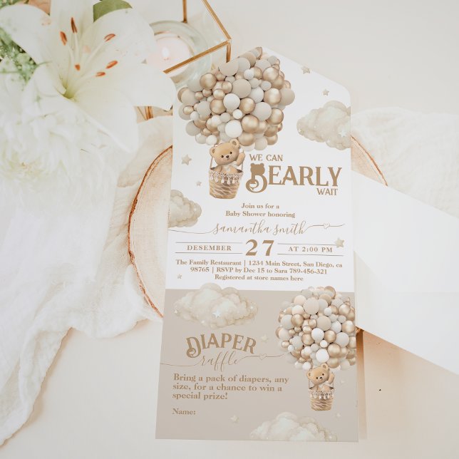 Teddy Bear Balloon Bearly Wait neutral Baby Shower All In One Invitation (Creator Uploaded)