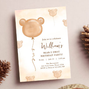 Teddy Bear Balloon Beary First Birthday Party Invitation