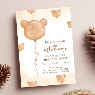 Teddy Bear Balloon Beary Second Birthday Party Invitation