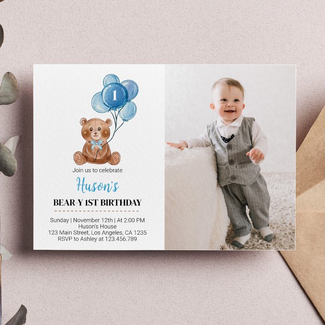  Teddy Bear Balloon Birthday Invitation Blue Beary (Creator Uploaded)