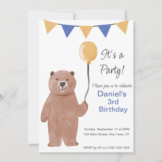 Teddy Bear balloon birthday invite (Front)