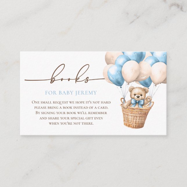 Teddy Bear Balloon Blue Baby Shower Book Request Enclosure Card (Front)