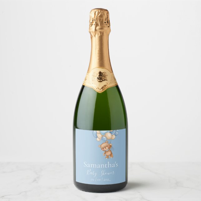 Teddy Bear Balloon Blue baby shower  Sparkling Wine Label (Front)