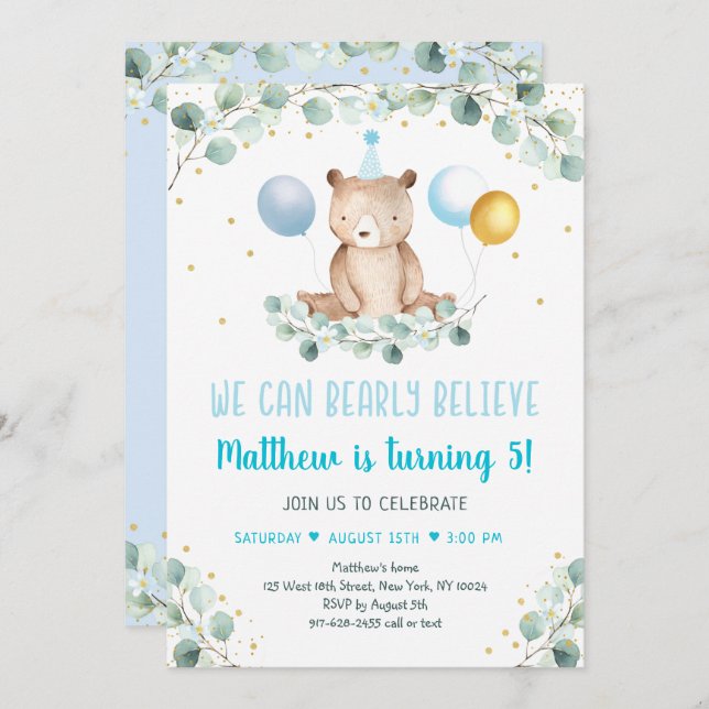 Teddy Bear Balloon Blue Gold Greenery Birthday Invitation (Front/Back)